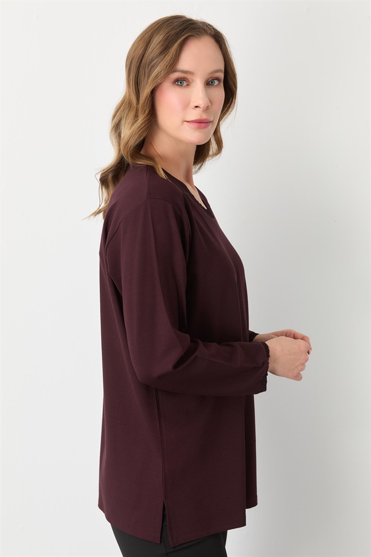 Mutlu Ertan Kadın Ribanalı Sıfır Yaka  Bluz Bordo 30413