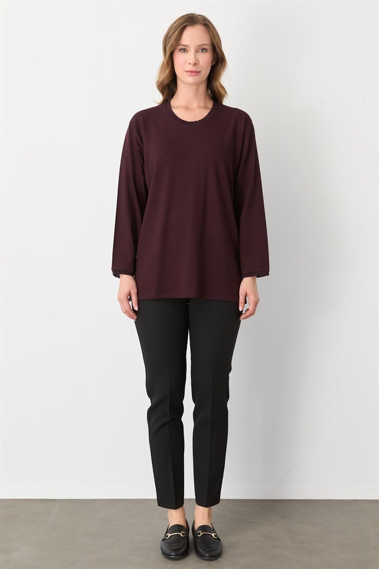 Mutlu Ertan Kadın Ribanalı Sıfır Yaka  Bluz Bordo 30413