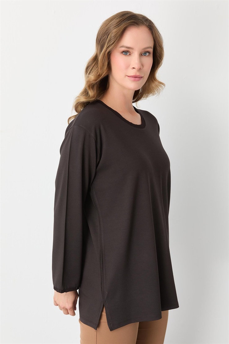 Mutlu Ertan Kadın Ribanalı Sıfır Yaka  Bluz Kahve 30413