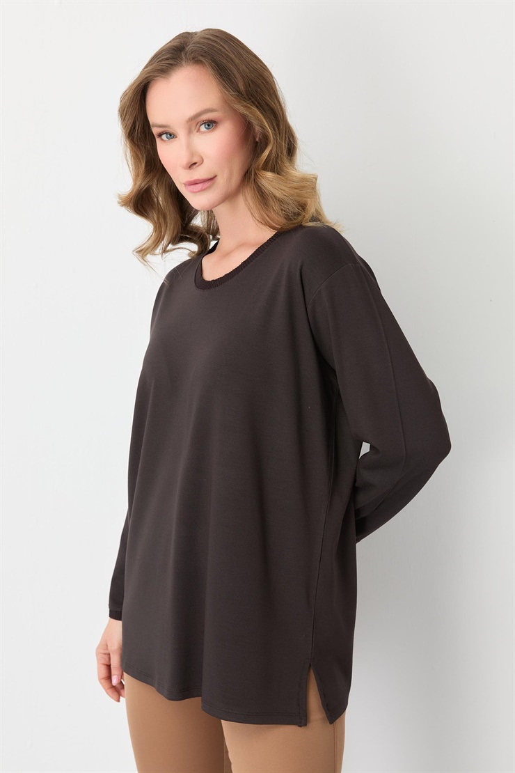 Mutlu Ertan Kadın Ribanalı Sıfır Yaka  Bluz Kahve 30413