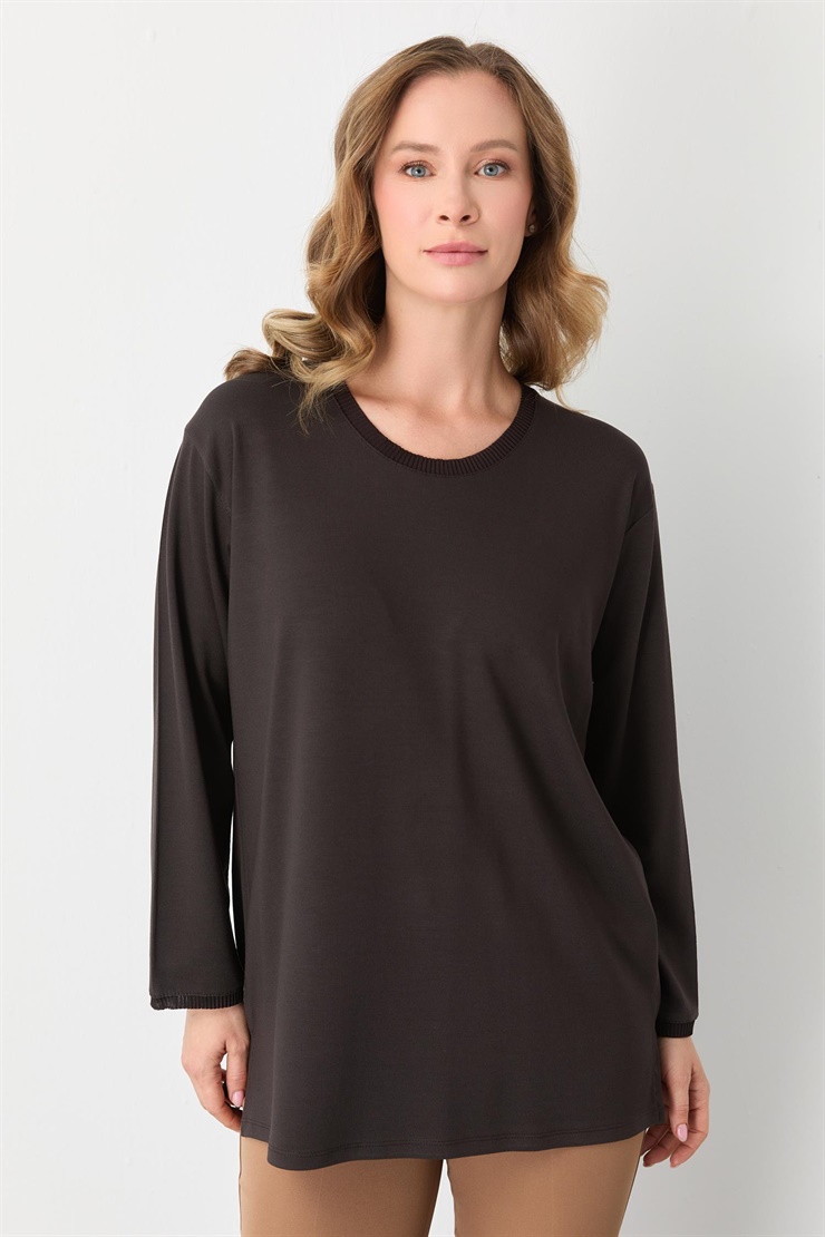 Mutlu Ertan Kadın Ribanalı Sıfır Yaka  Bluz Kahve 30413