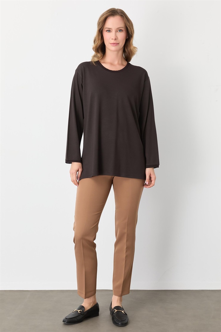 Mutlu Ertan Kadın Ribanalı Sıfır Yaka  Bluz Kahve 30413