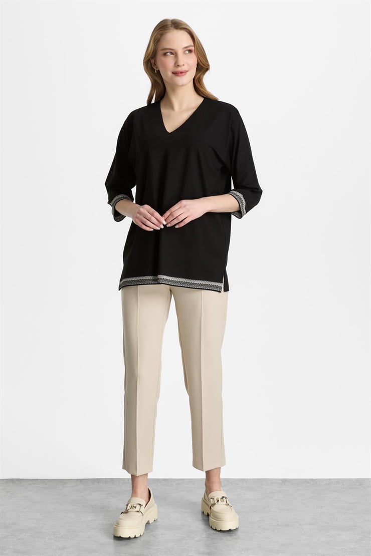 Mutlu Ertan Kadın Ribanalı V Yaka Bluz Siyah 30459
