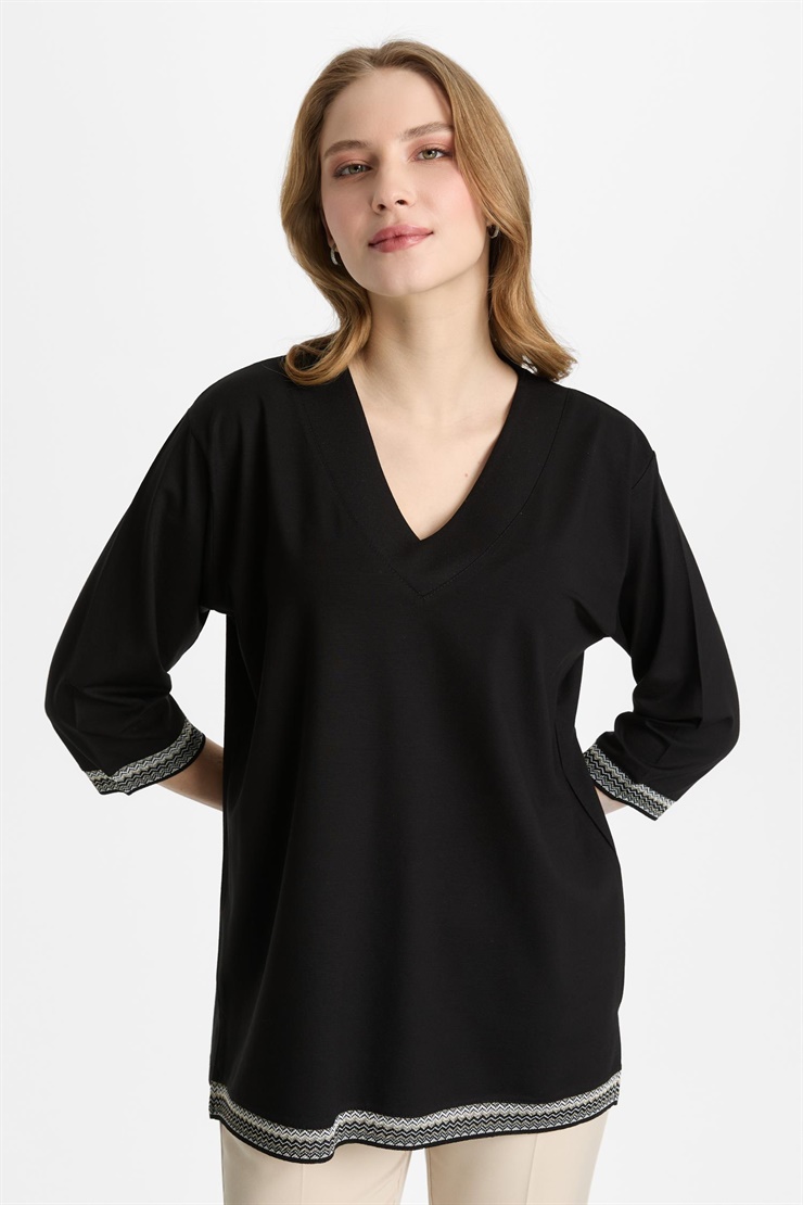 Mutlu Ertan Kadın Ribanalı V Yaka Bluz Siyah 30459