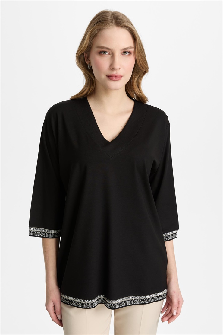 Mutlu Ertan Kadın Ribanalı V Yaka Bluz Siyah 30459