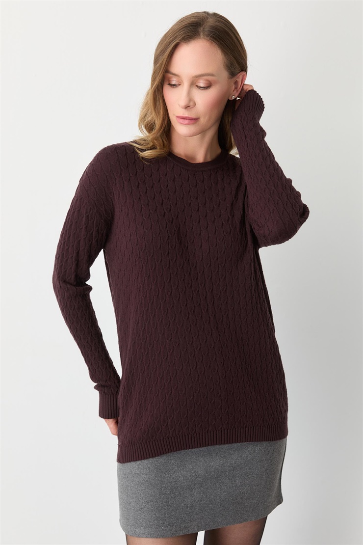 Mutlu Ertan Kadın Saç Örgü Triko Sıfır Yaka Uzun Kol Bluz Bordo 20301