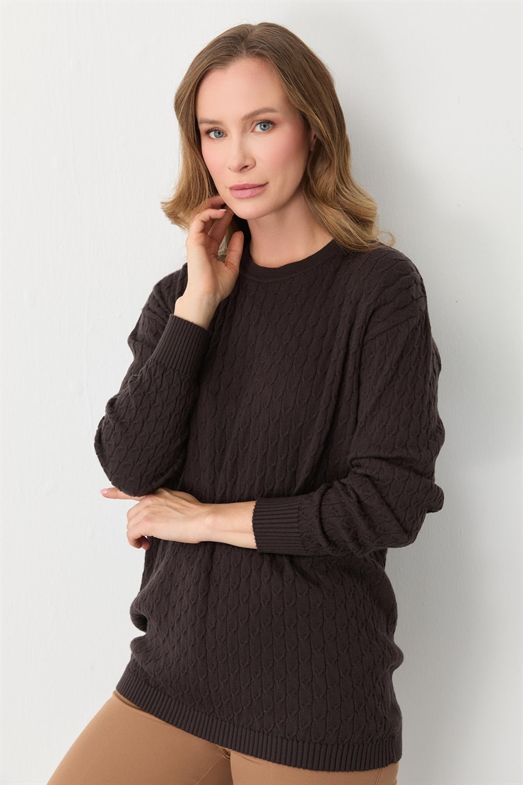 Mutlu Ertan Kadın Saç Örgü Triko Sıfır Yaka Uzun Kol Bluz Kahve 20301