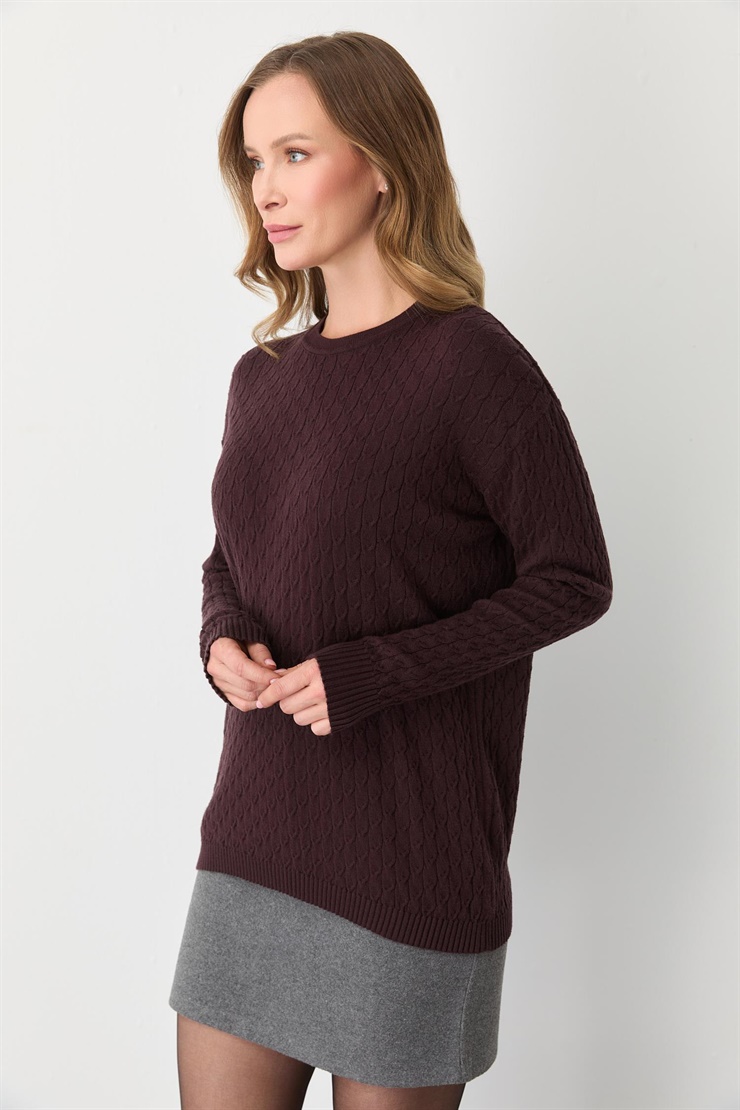 Mutlu Ertan Kadın Saç Örgü Triko Sıfır Yaka Uzun Kol Bluz Bordo 20301