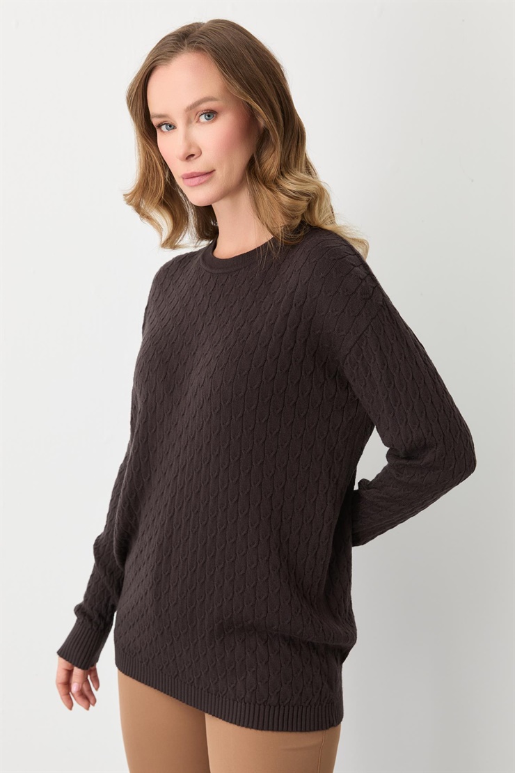 Mutlu Ertan Kadın Saç Örgü Triko Sıfır Yaka Uzun Kol Bluz Kahve 20301