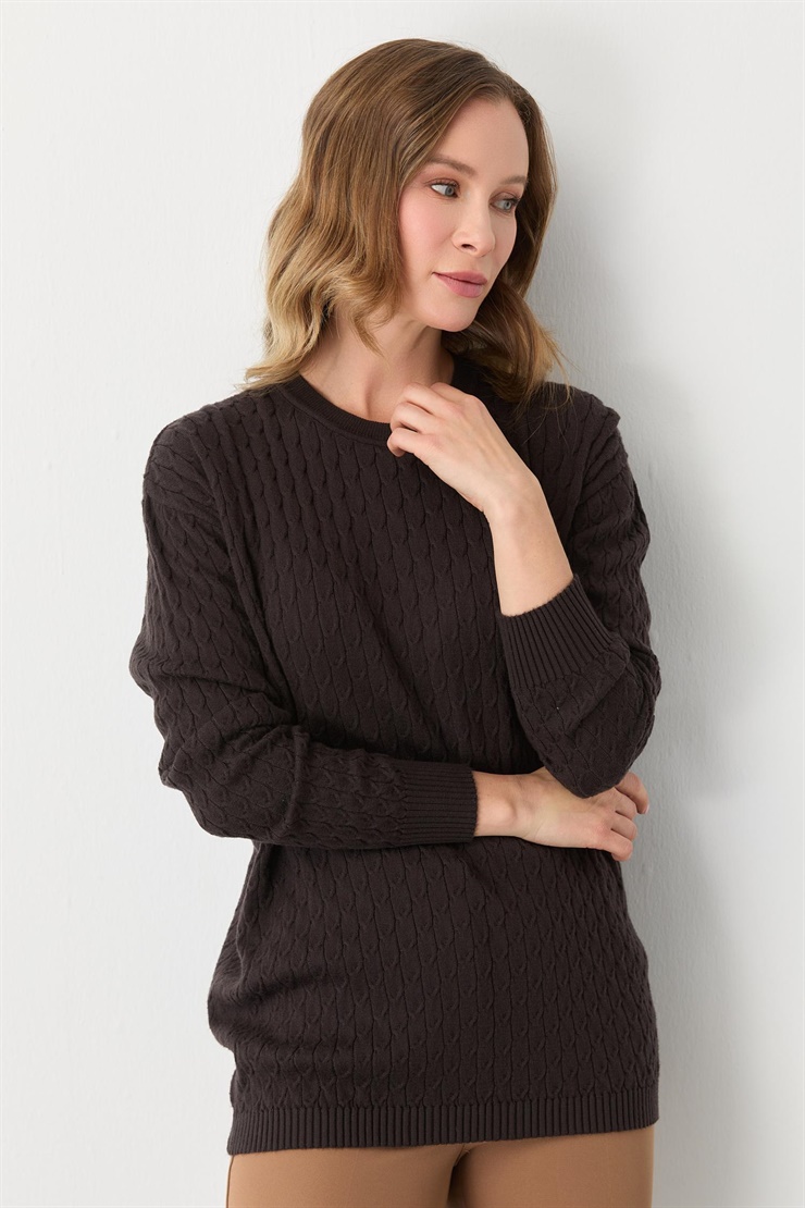 Mutlu Ertan Kadın Saç Örgü Triko Sıfır Yaka Uzun Kol Bluz Kahve 20301