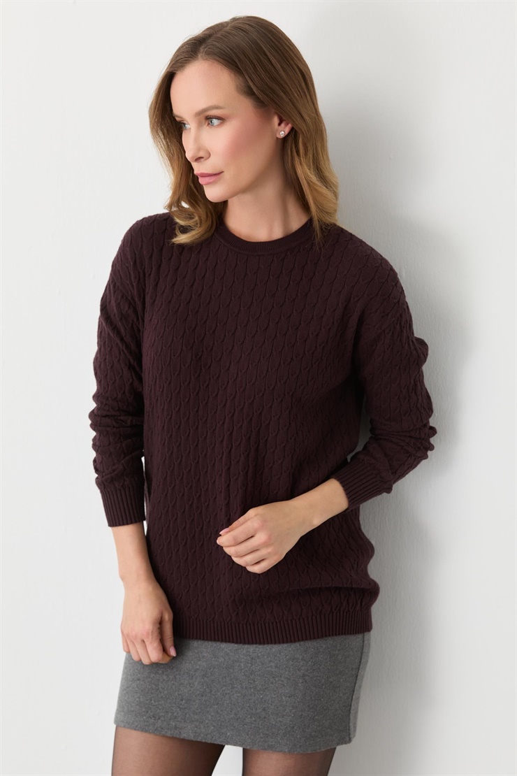 Mutlu Ertan Kadın Saç Örgü Triko Sıfır Yaka Uzun Kol Bluz Bordo 20301