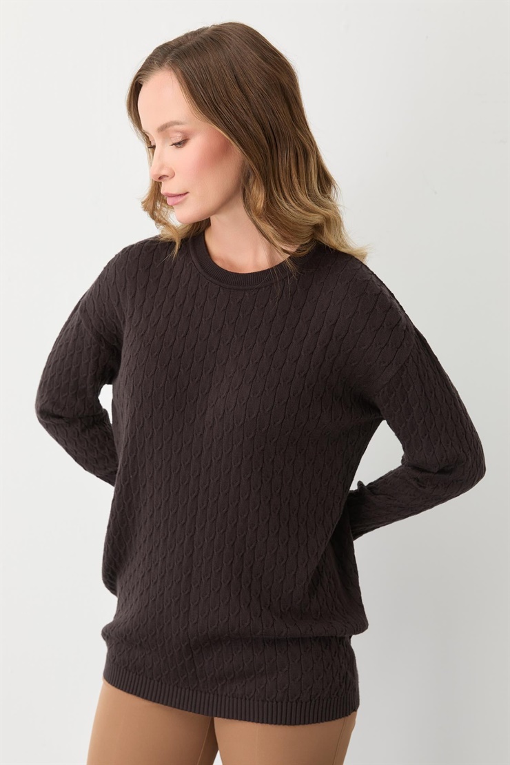 Mutlu Ertan Kadın Saç Örgü Triko Sıfır Yaka Uzun Kol Bluz Kahve 20301