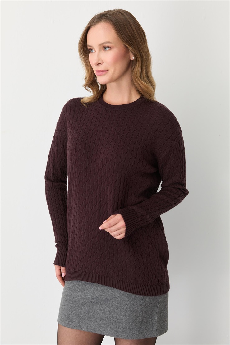 Mutlu Ertan Kadın Saç Örgü Triko Sıfır Yaka Uzun Kol Bluz Bordo 20301