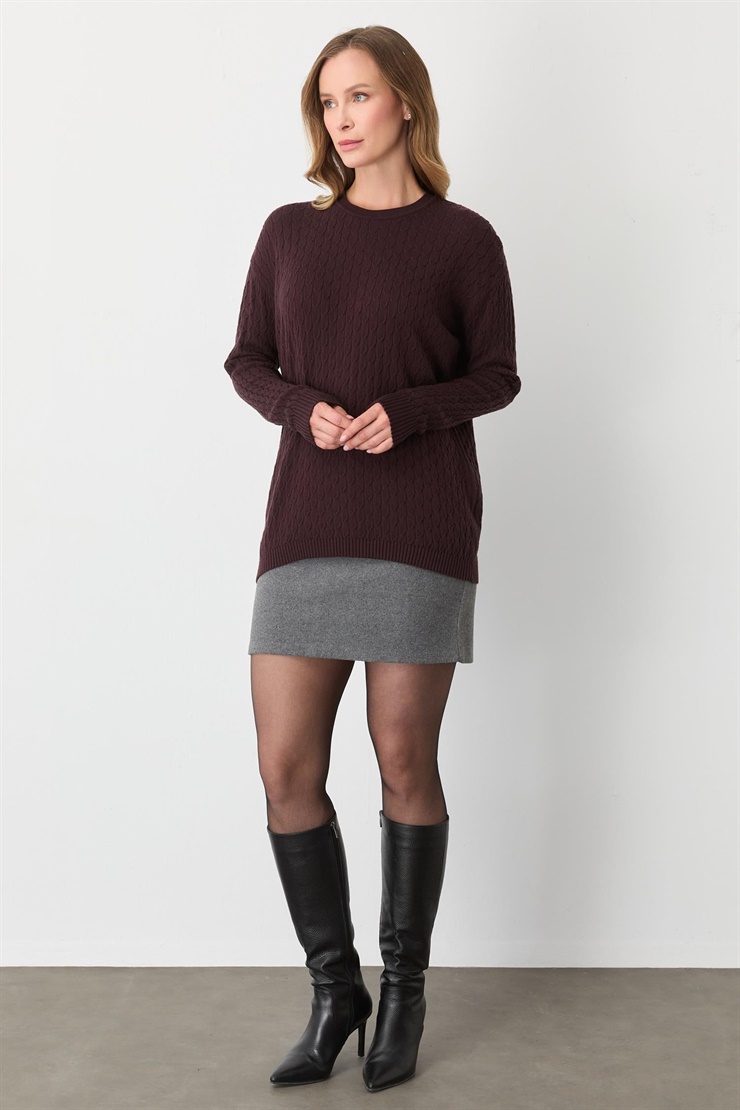 Mutlu Ertan Kadın Saç Örgü Triko Sıfır Yaka Uzun Kol Bluz Bordo 20301