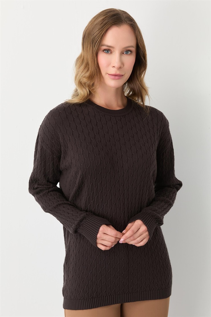 Mutlu Ertan Kadın Saç Örgü Triko Sıfır Yaka Uzun Kol Bluz Kahve 20301