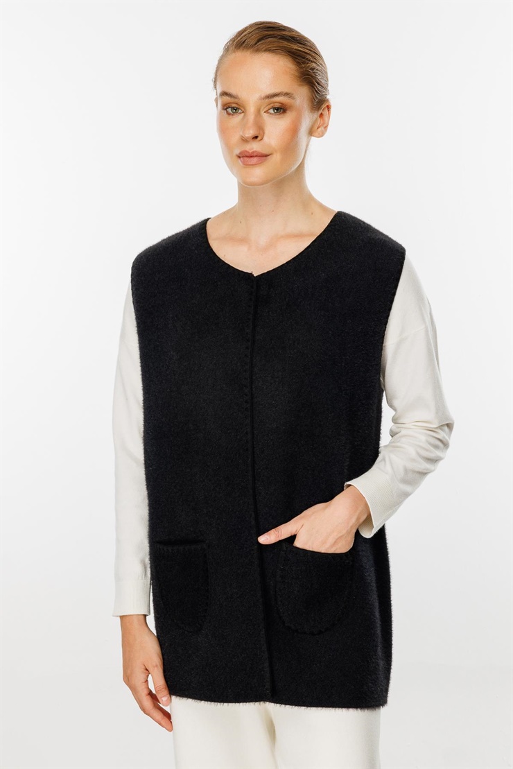 Mutlu Ertan Kadın Sakal Triko Yelek Siyah -Siyah 20142