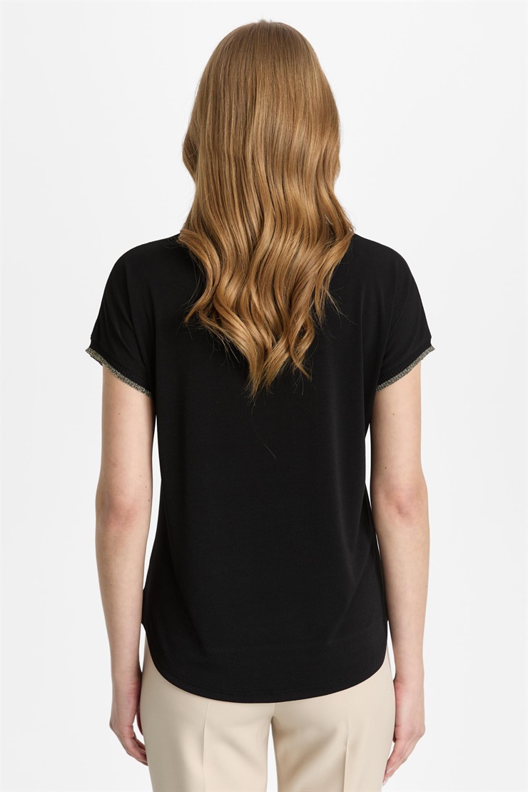 Mutlu Ertan Kadın Sıfır Yaka Ribanalı Bluz Siyah-Gold 30450