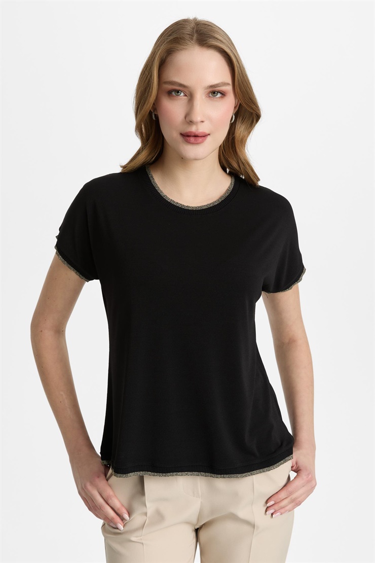 Mutlu Ertan Kadın Sıfır Yaka Ribanalı Bluz Siyah-Gold 30450