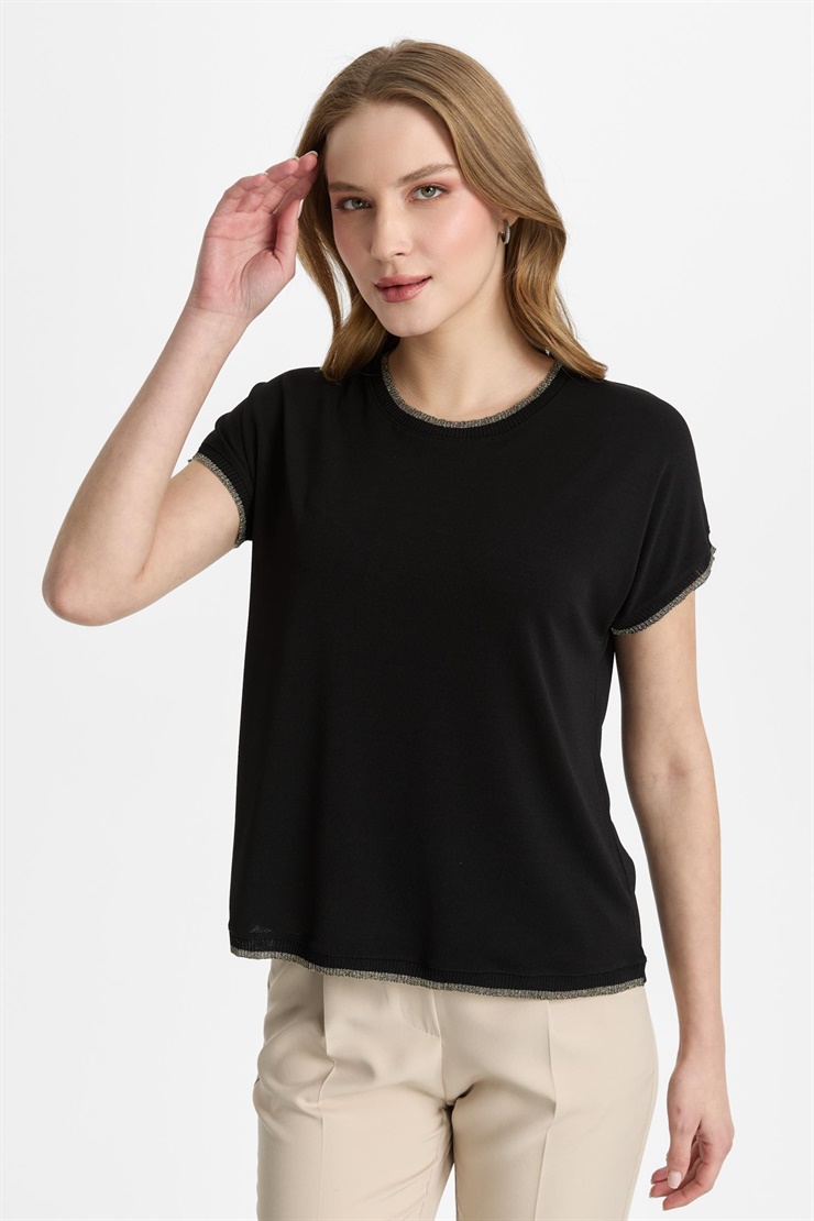 Mutlu Ertan Kadın Sıfır Yaka Ribanalı Bluz Siyah-Gold 30450