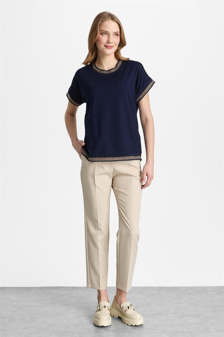 Mutlu Ertan Kadın Sıfır Yaka Simli Ribanalı Bluz Lacivert 30445