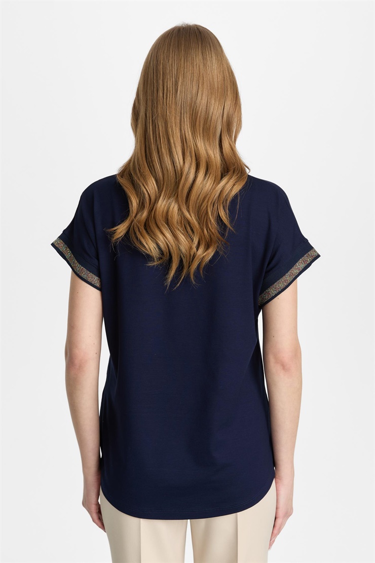 Mutlu Ertan Kadın Sıfır Yaka Simli Ribanalı Bluz Lacivert 30445