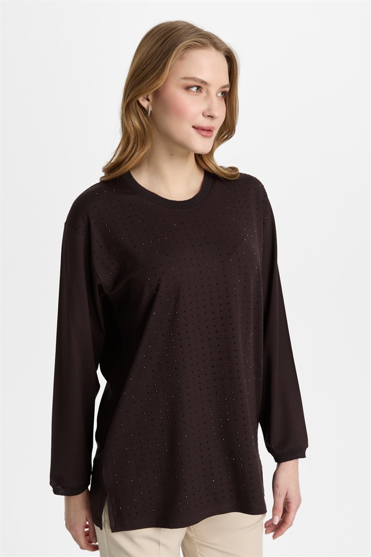 Mutlu Ertan Kadın Sıfır Yaka Taşlı Bluz Kahve 30460