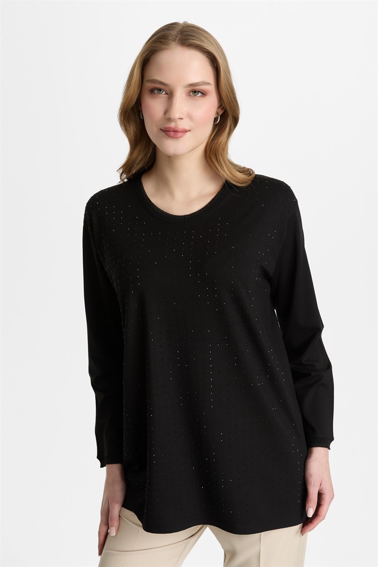 Mutlu Ertan Kadın Sıfır Yaka Taşlı Bluz Siyah 30460