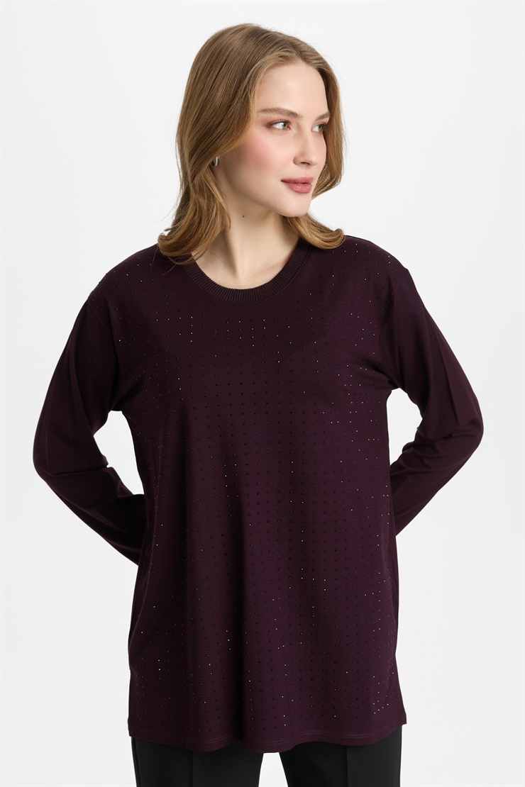 Mutlu Ertan Kadın Sıfır Yaka Taşlı Bluz Vino 30460