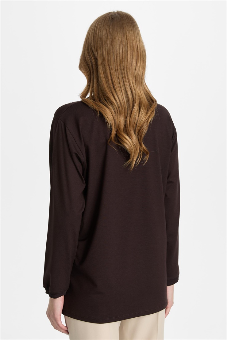 Mutlu Ertan Kadın Sıfır Yaka Taşlı Bluz Kahve 30460