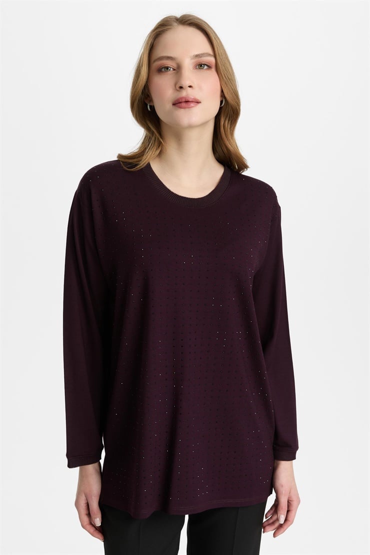 Mutlu Ertan Kadın Sıfır Yaka Taşlı Bluz Vino 30460
