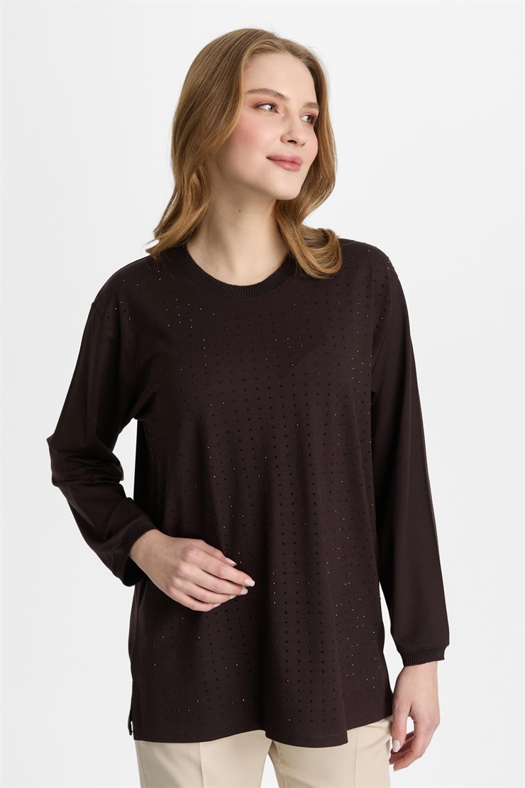 Mutlu Ertan Kadın Sıfır Yaka Taşlı Bluz Kahve 30460