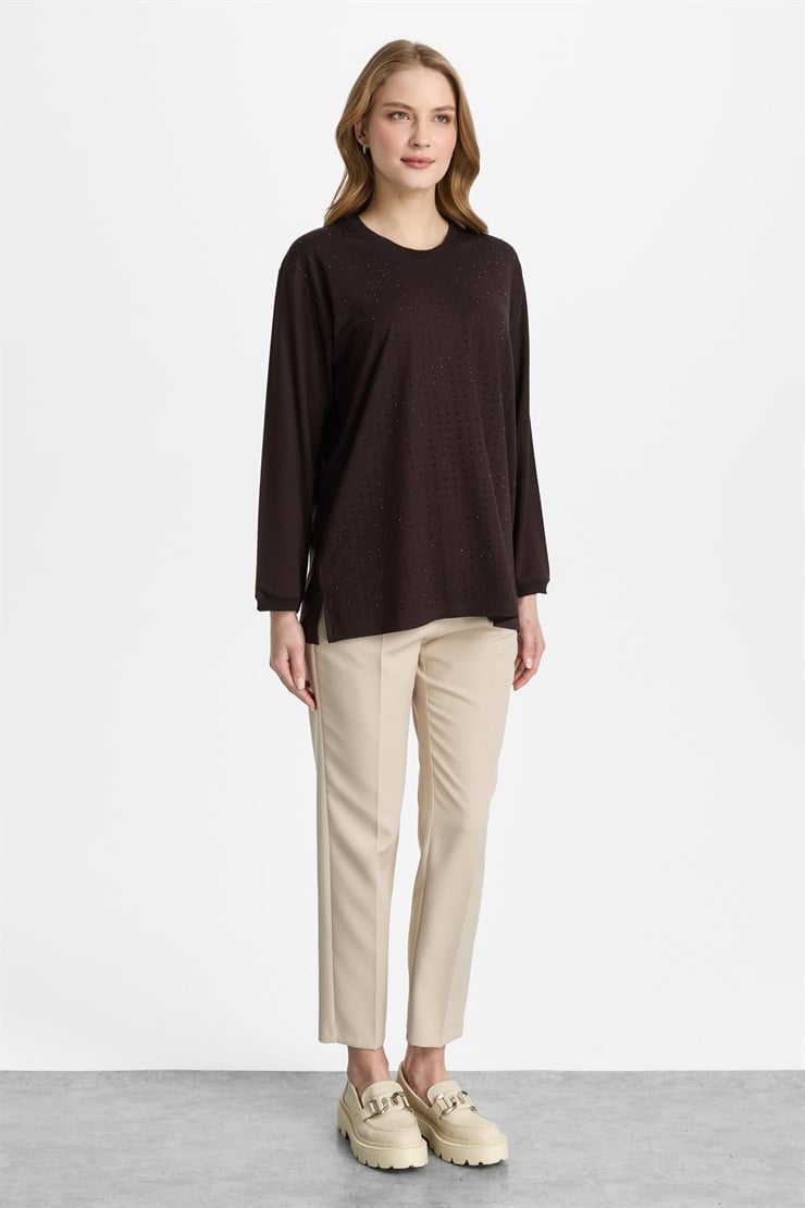 Mutlu Ertan Kadın Sıfır Yaka Taşlı Bluz Kahve 30460