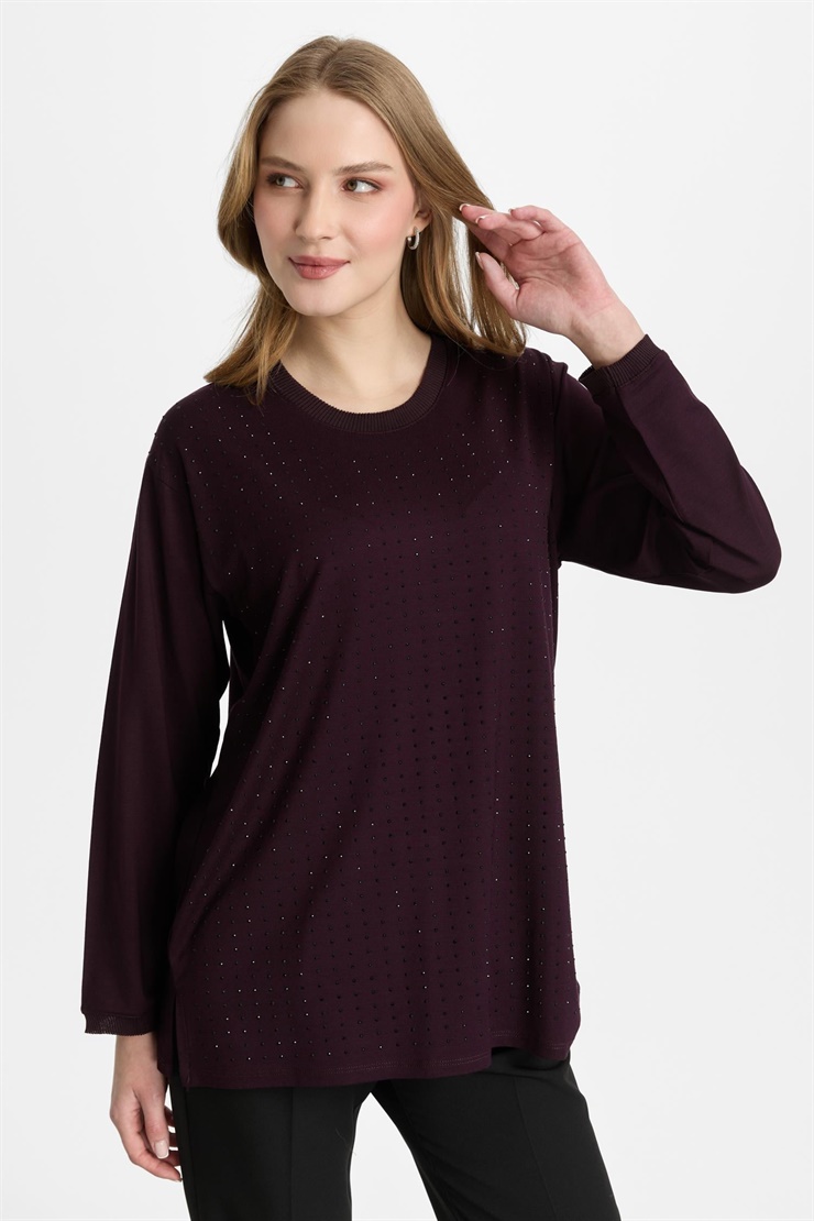 Mutlu Ertan Kadın Sıfır Yaka Taşlı Bluz Vino 30460