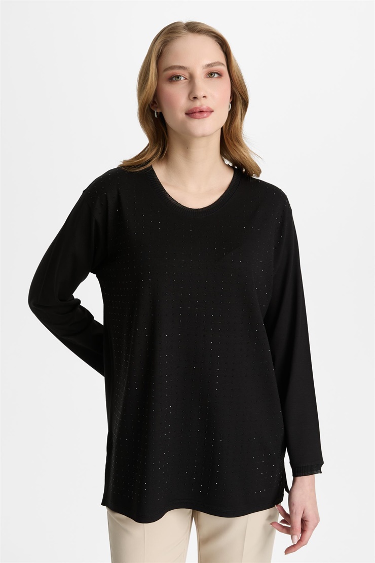 Mutlu Ertan Kadın Sıfır Yaka Taşlı Bluz Siyah 30460
