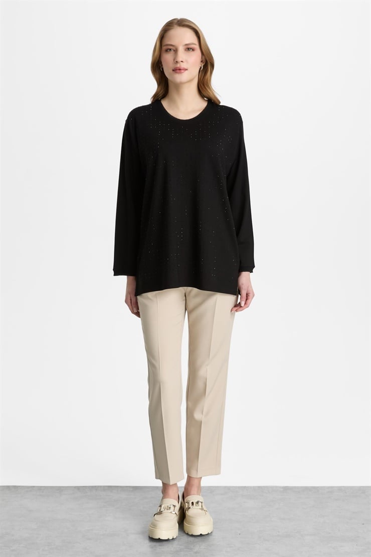 Mutlu Ertan Kadın Sıfır Yaka Taşlı Bluz Siyah 30460