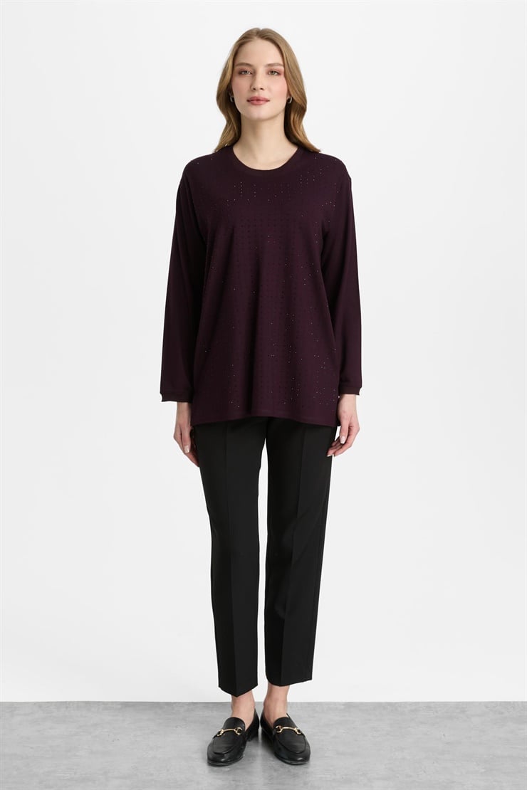 Mutlu Ertan Kadın Sıfır Yaka Taşlı Bluz Vino 30460