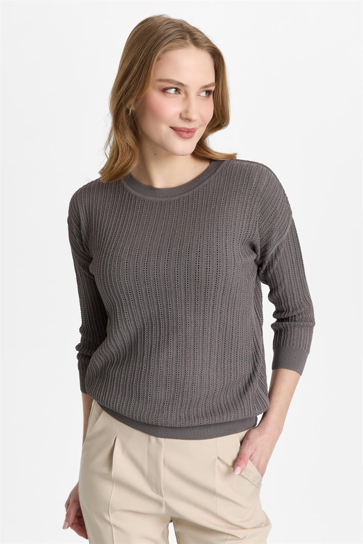 Mutlu Ertan Kadın Sıfır Yaka Triko Bluz Füme 20313