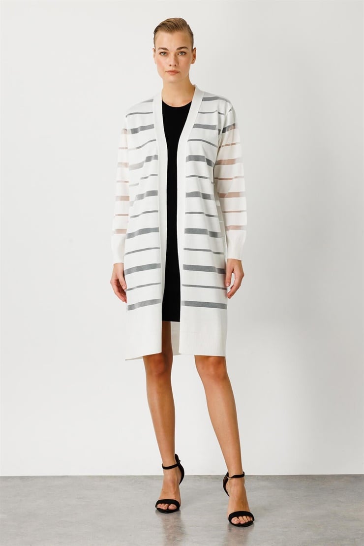 Mutlu Ertan Kadın Sim Çizgili Hırka Ekru 20006