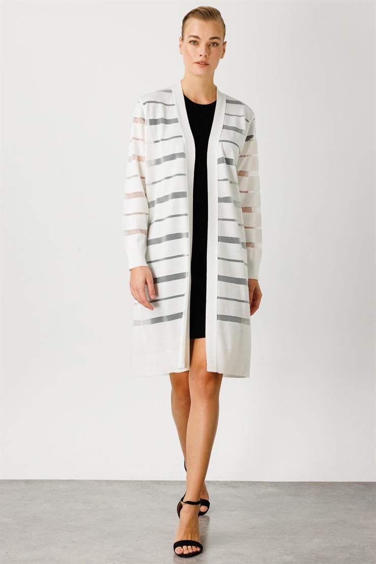 Mutlu Ertan Kadın Sim Çizgili Hırka Ekru 20006