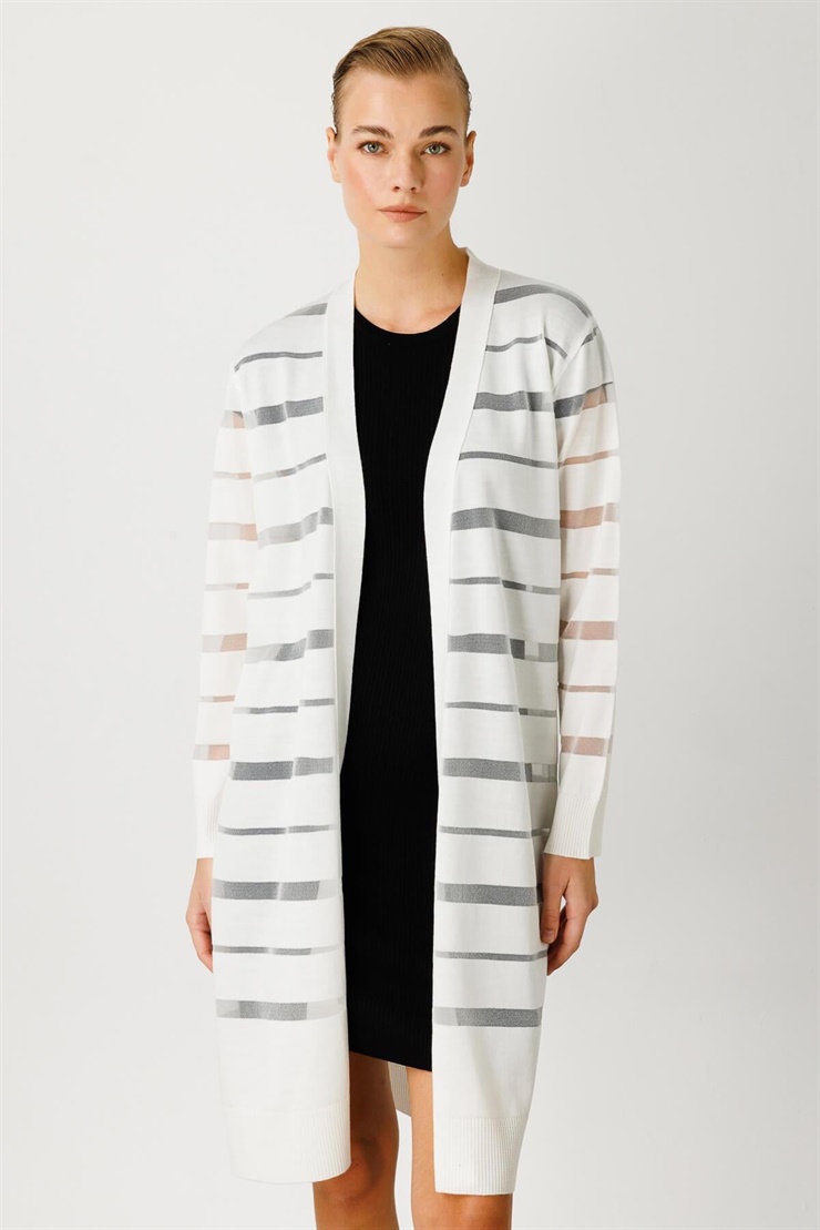 Mutlu Ertan Kadın Sim Çizgili Hırka Ekru 20006