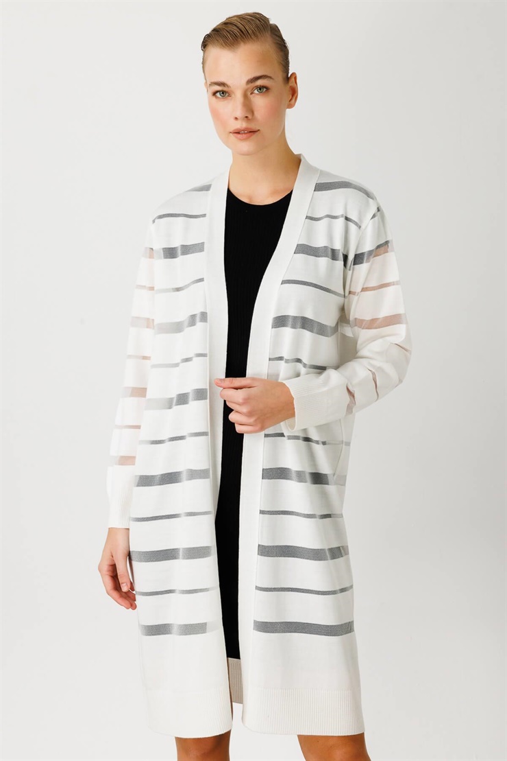 Mutlu Ertan Kadın Sim Çizgili Hırka Ekru 20006