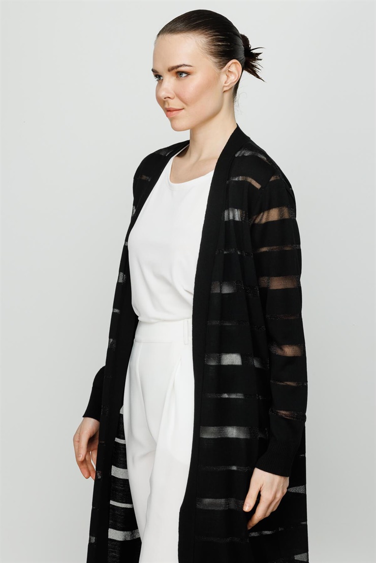 Mutlu Ertan Kadın Sim Çizgili Hırka Siyah 20006