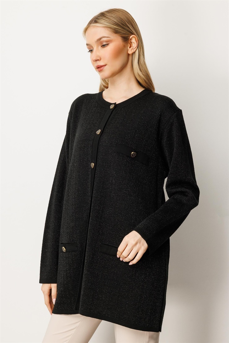 Mutlu Ertan Kadın Sim Detaylı Sıfır Yaka  Hırka Siyah 20238