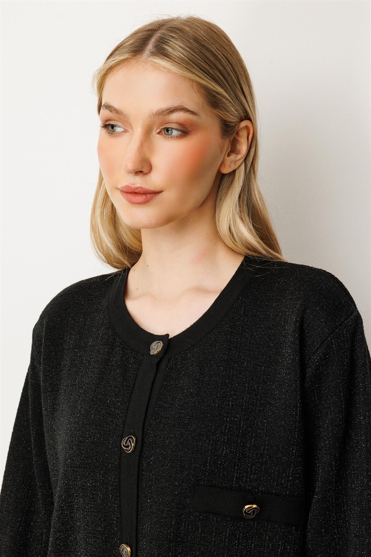 Mutlu Ertan Kadın Sim Detaylı Sıfır Yaka  Hırka Siyah 20238