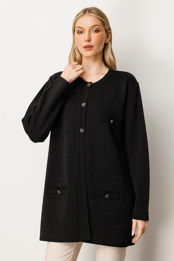 Mutlu Ertan Kadın Sim Detaylı Sıfır Yaka  Hırka Siyah 20238