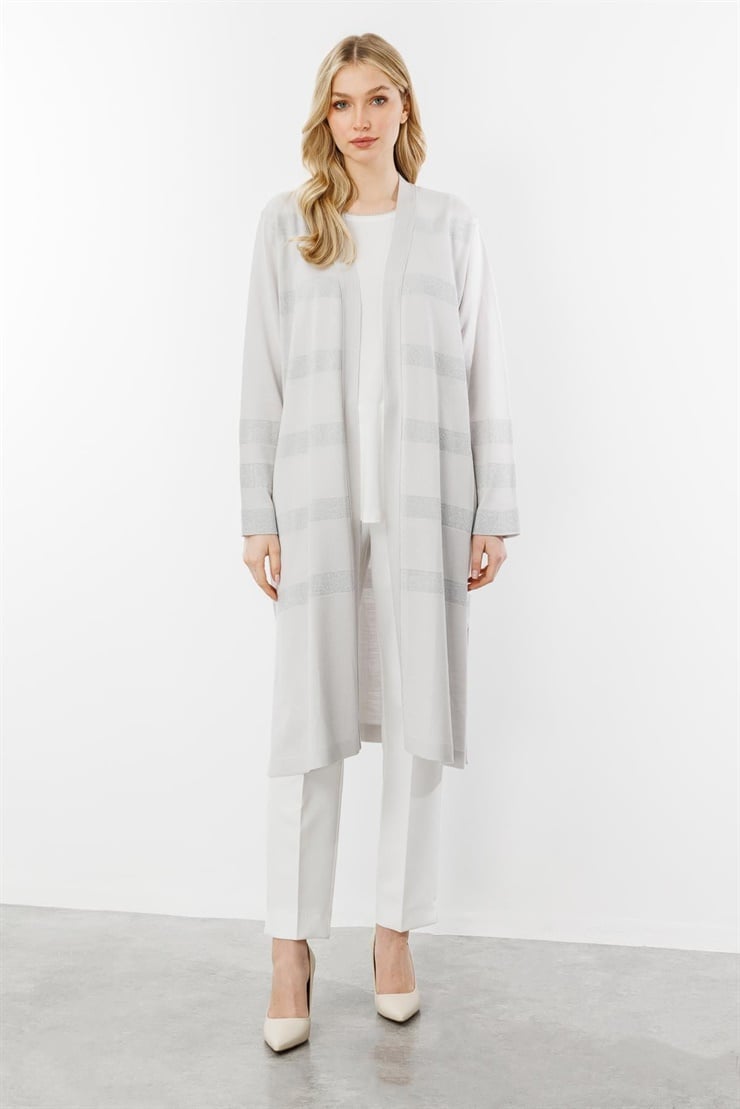 Mutlu Ertan Kadın Sim Detaylı Uzun Triko Hırka Gri 20176