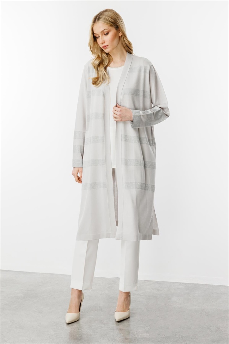 Mutlu Ertan Kadın Sim Detaylı Uzun Triko Hırka Gri 20176