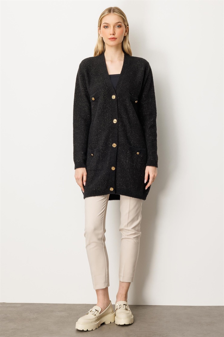 Mutlu Ertan Kadın Simli Cep Detaylı Triko Hırka Siyah 20248