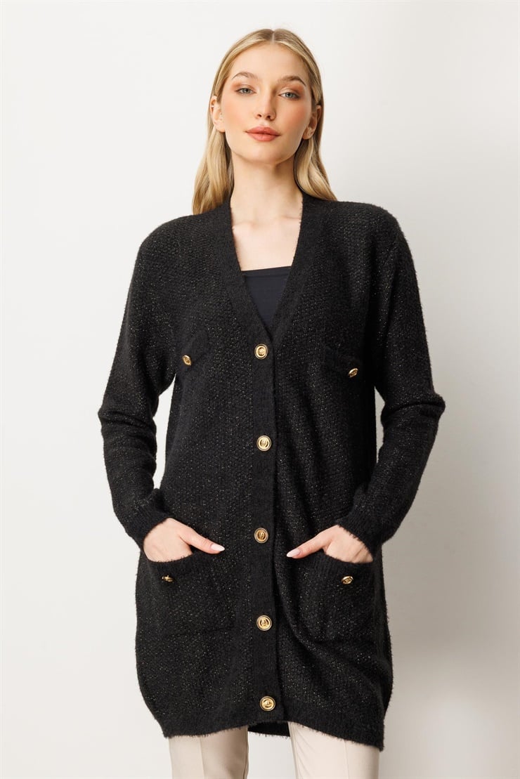 Mutlu Ertan Kadın Simli Cep Detaylı Triko Hırka Siyah 20248