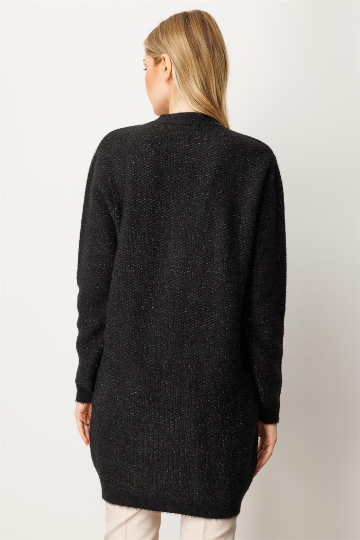 Mutlu Ertan Kadın Simli Cep Detaylı Triko Hırka Siyah 20248